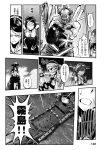  3girls 4koma amplifier bare_shoulders beard chainsaw choufu_shimin comic corset edward_teach facial_hair glasses greyscale jewelry kantai_collection kirishima_(kantai_collection) kongou_(kantai_collection) microphone monochrome multiple_girls necklace pirates_of_the_caribbean shinkaisei-kan ship sweat translated watercraft 