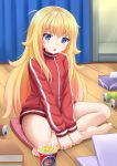  1girl :o barefoot blonde_hair blue_eyes blush book can computer curtains cushion eyebrows_visible_through_hair feet food gabriel_dropout hair_over_shoulder head_tilt highres indoors jacket kazenokaze laptop leg_grab long_hair long_sleeves noodles open_mouth outstretched_arms ramen red_jacket sitting sliding_doors soda_can solo tenma_gabriel_white tissue tissue_box toes track_jacket very_long_hair wooden_floor zipper 