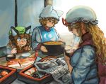  3girls animal_ears backlighting black_eyes blonde_hair blush bowl breasts brown_hair cat_ears chanta_(ayatakaoisii) chen chopsticks dinner dress fish food green_hat hat hat_ribbon indoors large_breasts long_hair long_sleeves mob_cap multiple_girls newspaper noodles pillow_hat pink_eyes plate reading red_vest ribbon shirt short_hair sidelocks siting sketch sliding_doors smile steam tabard table tofu touhou unfinished vest white_dress white_shirt yakumo_ran yakumo_yukari yellow_eyes 