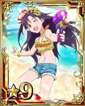  1girl beach blue_shorts bracelet breasts card_(medium) cleavage collarbone crop_top flower gun hair_flower hair_ornament hat holding holding_gun holding_weapon jewelry long_hair looking_at_viewer navel number ocean one_eye_closed open_mouth pointy_ears purple_hair red_eyes short_shorts shorts small_breasts solo star sword_art_online water_gun weapon yellow_flower yuuki_(sao) 