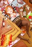  1girl 3e alcohol bag beer_can belt bottle breasts brown_legwear can cellphone chips cleavage closed_eyes crotch_seam cup drinking_glass drunk feet food fruit glass huge_breasts idolmaster idolmaster_cinderella_girls katagiri_sanae kotatsu lying mandarin_orange messy_room miniskirt new_year no_shoes on_back open_mouth orange_hair panties panties_under_pantyhose pantyhose phone potato_chips sake_bottle skirt skirt_lift slippers smartphone solo table thighband_pantyhose tissue_box twintails underwear used_tissue wine wine_bottle wine_glass 