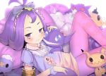  1girl :3 acerola_(pokemon) armlet badge bed blush bow buttons closed_mouth collared_shirt diamond diamond_(shape) drifloon elite_four eyelashes flat_chest flipped_hair floral_print frilled_shirt frilled_sleeves frills gastly gengar grin hair_ornament hair_ribbon half-closed_eyes hand_on_another&#039;s_chest head_on_shoulder headdress hideousbeing leggings legs litwick looking_at_viewer lying lying_on_lap mimikyu neck_ribbon npc_trainer on_back phantump pillow pink_legwear pink_ribbon pokemon pokemon_(creature) pokemon_(game) pokemon_sm polka_dot polka_dot_bow polka_dot_shirt purple_hair ribbon sableye sharp_teeth shirt short_hair short_sleeves simple_background smile solo striped stuffed_toy teeth trial_captain violet_eyes wavy_mouth white_background wristband 