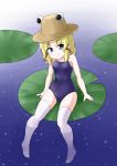  1girl arm_support bangs blonde_hair blue_eyes blue_swimsuit blush breasts brown_hat closed_mouth competition_school_swimsuit covered_navel eyebrows_visible_through_hair facing_viewer full_body gluteal_fold hair_ribbon hat head_tilt hips in_water kousei_(public_planet) light_smile lily_pad looking_at_viewer moriya_suwako one-piece_swimsuit parted_bangs red_ribbon ribbon ripples school_swimsuit short_hair sidelocks sitting small_breasts smile soaking_feet solo spread_legs swimsuit thigh-highs touhou tress_ribbon water white_legwear 