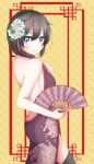  1girl bare_arms bare_back bare_shoulders black_hair black_legwear blue_eyes braid breasts chinese_clothes fan floral_print flower hair_flower hair_ornament hair_over_shoulder highres holding kantai_collection medium_breasts paper_fan satsukikyo shigure_(kantai_collection) sideboob single_braid smile solo uchiwa 