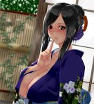  1girl black_hair breasts brown_eyes cleavage final_fantasy final_fantasy_vii finger_to_mouth highres huge_breasts japanese_clothes kimono long_hair solo suuitchi tifa_lockhart 