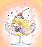  1girl :&gt; animal_ears blonde_hair cherry closed_eyes cushion dress food food_on_head fox_ears fox_tail frilled_dress frills fruit fruit_on_head glass komaku_juushoku multiple_tails object_on_head smile solo tabard tail touhou two_tails whipped_cream white_dress wide_sleeves yakumo_ran younger 