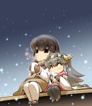  2girls =_= ^_^ akagi_(kantai_collection) blanket brown_hair closed_eyes coat commentary_request cup detached_sleeves food geta grey_hair hair_ornament hairclip haruna_(kantai_collection) headband headgear hisahiko holding holding_cup i-class_destroyer kantai_collection long_hair long_sleeves mittens mug multiple_girls night night_sky nontraditional_miko plate red_skirt sakura_mochi scarf shoes sidelocks sitting skirt sky smile snow snowing steam thigh-highs wagashi white_legwear wide_sleeves 