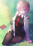  1girl ame_wa_a_ga_tsutano? arm_support black_legwear breasts fate/grand_order fate_(series) glasses grass legs looking_at_viewer necktie pantyhose pink_eyes pink_hair shielder_(fate/grand_order) short_hair smile solo thighs 