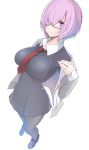  1girl breasts bun_(hiyokomame) fate/grand_order fate_(series) full_body hair_over_one_eye light_smile looking_at_viewer medium_breasts necktie pantyhose purple_hair shielder_(fate/grand_order) short_hair simple_background skirt solo violet_eyes white_background 