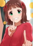  1girl amami_haruka blurry blush brown_hair commentary_request depth_of_field green_eyes hair_ribbon idolmaster index_finger_raised koi_dance lieass looking_at_viewer ribbon short_hair sketch smile solo 