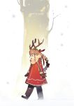  1girl 2016 a&#039;j antlers boots braid breath brown_boots brown_hair english from_side full_body fur_trim hair_ribbon highres long_hair looking_down low_ponytail mittens number original parted_lips poncho red_eyes red_ribbon ribbon side_braid snow snowing solo walking winter 