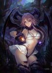  1girl armor artist_name bikini black_gloves breasts cleavage demon_girl demon_horns demon_wings gloves highleg highres horns long_hair looking_at_viewer medium_breasts navel okamocheese original parted_lips pink_hair skindentation smile solo succubus swimsuit white_bikini wings 