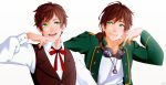  2boys :d axis_powers_hetalia bangs brown_hair cigarette closed_mouth dress_shirt green_eyes grin headphones highres jacket long_sleeves looking_at_another male_focus multiple_boys open_clothes open_jacket open_mouth ponytail portugal_(hetalia) shirt short_hair simple_background smile spain_(hetalia) swept_bangs trombonelove upper_body waistcoat white_background white_shirt 