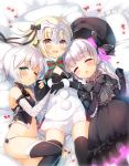  3girls :d arm_belt assassin_of_black bandaged_arm bell beret black_legwear blonde_hair blush bow bowtie braid closed_eyes commentary_request doll_joints elbow_gloves fate/grand_order fate_(series) girl_sandwich gloves gothic_lolita green_eyes hat headpiece jeanne_alter jeanne_alter_(santa_lily)_(fate) lolita_fashion lying multiple_girls nursery_rhyme_(fate/extra) on_bed one_eye_closed open_mouth panties petals pillow pom_pom_(clothes) ruler_(fate/apocrypha) sandwiched sazaki_ichiri short_hair sleeping smile thigh-highs underwear white_hair yellow_eyes 
