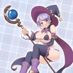  1girl akeyama bangs bikini_warriors black_bikini_top black_legwear blue_background blush boots bow breasts crescent_print detached_sleeves hat head_tilt holding holding_staff large_breasts long_sleeves looking_at_viewer mage_(bikini_warriors) open_mouth plaid plaid_background purple_boots purple_bow purple_hair short_hair solo staff star star_print swept_bangs tears thigh-highs witch witch_hat 