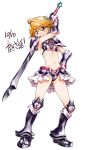  1girl arm_up armor armored_boots bikini_armor boots cure_black earrings full_body futari_wa_precure greaves hand_on_own_chest heart heart_earrings highres holding holding_sword holding_weapon jewelry kurose_kousuke misumi_nagisa navel orange_eyes orange_hair pauldrons precure short_hair simple_background smile solo sword weapon white_background 