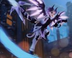  1girl ahoge alternate_costume bodysuit dark_persona demon_horns demon_tail dual_wielding facial_mark faulds flying forehead_mark full_body gun handgun horns imp_mercy lips lipstick looking_at_viewer makeup mechanical_wings mercy_(overwatch) motion_blur overwatch pelvic_curtain pistol ponytail purple_hair purple_wings rmilanis solo staff tail violet_eyes weapon wings 