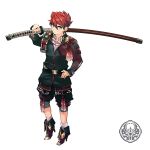  1boy adapted_costume boots child crest hand_on_hip ookanehira_(touken_ranbu) over_shoulder pointy_hair redhead short_hair sword sword_over_shoulder tachi touken_ranbu u_0048 uniform weapon weapon_over_shoulder younger 