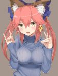  1girl alternate_costume bad_id bad_pixiv_id bow breasts brown_background brown_eyes casual commentary_request contemporary fang fangs fate/extra fate/grand_order fate_(series) fox_shadow_puppet hair_between_eyes hair_bow hands_up highres large_breasts open_mouth orange_hair ribbed_sweater sleeves_past_wrists solo sparkle sweater takamiya_nao tamamo_(fate)_(all) tamamo_no_mae_(fate) translation_request twintails 