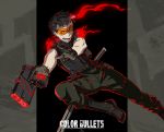  1boy abekawa_kippei_(kamezaemon) belt black_hair boots color_bullets commentary_request facial_hair gloves goatee gun handgun highres holster jumping kamezaemon male_focus military military_uniform one_eye_closed open_mouth orange_goggles original pants solo uniform weapon 