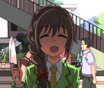  1girl ^_^ ^o^ braid brown_hair closed_eyes commentary_request day eyebrows_visible_through_hair hair_over_shoulder holding holding_knife idolmaster idolmaster_cinderella_girls knife long_hair open_mouth outdoors porinkii scrunchie senkawa_chihiro single_braid smile solo_focus yandere 