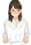  1girl absurdres bangs blue_bra bra brown_eyes brown_hair brush closed_mouth dress_shirt frown highres looking_away matching_hair/eyes original see-through shirt simple_background sketch solo swept_bangs underwear white_background yomu_(sgt_epper) 