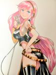  1girl ass bare_shoulders between_breasts blue_eyes blush breasts contrapposto female groin hand_on_hip highres large_breasts long_hair looking_at_viewer mayo_riyo megurine_luka microphone microphone_stand pink_hair shiny_hair sideboob smile solo tattoo thigh-highs thighs vocaloid white_background 