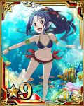  1girl bare_shoulders barefoot bikini bracelet breasts brown_eyes bubble card_(medium) cleavage collarbone fish freediving frilled_bikini frills hair_ribbon high_ponytail holding_breath jewelry long_hair looking_at_viewer navel number open_mouth pointy_ears purple_bikini purple_hair red_ribbon ribbon small_breasts solo star swimming swimsuit sword_art_online underwater yuuki_(sao) 