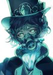  1boy absurdres ascot bangs beads black_hair black_hat covered_mouth cyberpunk eyelashes fasna formal gas_mask glowing glowing_eyes green_eyes hat head_tilt highres horns looking_at_viewer male_focus original portrait simple_background solo top_hat white_background 