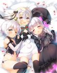  3girls :d arm_belt assassin_of_black bandaged_arm bell beret black_legwear blonde_hair blush bow bowtie braid child closed_eyes commentary_request doll_joints elbow_gloves fate/grand_order fate_(series) girl_sandwich gloves gothic_lolita green_eyes hat headpiece jeanne_alter jeanne_alter_(santa_lily)_(fate) lolita_fashion lying multiple_girls nursery_rhyme_(fate/extra) on_bed one_eye_closed open_mouth panties petals pillow pom_pom_(clothes) ruler_(fate/apocrypha) sandwiched sazaki_ichiri short_hair sleeping smile thigh-highs underwear white_hair yellow_eyes 