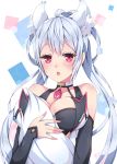  1girl animal_ears bare_shoulders breasts chestnut_mouth cleavage collar detached_sleeves gem hair_rings holding_own_tail large_breasts looking_at_viewer matoi_(pso2) milkpanda phantasy_star phantasy_star_online_2 red_eyes silver_hair solo tail twintails 