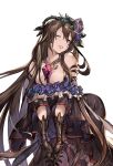  1girl bare_shoulders between_breasts box breasts brown_hair cleavage dress elbow_gloves flower frills gift gift_box gloves granblue_fantasy hair_flower hair_ornament hands_together interlocked_fingers jewelry large_breasts long_hair looking_at_viewer minaba_hideo one_eye_closed parted_lips rosetta_(granblue_fantasy) smile solo 