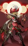  1girl au_ra belt boots cravat daigoman final_fantasy final_fantasy_xiv gloves hat hat_feather horns red_eyes red_mage smile solo sword tail thigh-highs thigh_boots weapon 