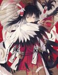  1girl animal bird black_hair brown_eyes chicken commentary_request fan feathered_wings feathers hair_ornament highres japanese_clothes katana kimono long_hair looking_at_viewer original paper_fan rooster shio_(shia-ushio) solo sword uchiwa weapon wide_sleeves wings year_of_the_rooster 