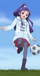  1girl ball black_boots blush boots grass haruyama_kazunori izayoi_liko long_hair mahou_girls_precure! open_mouth panties panties_under_pantyhose pantyhose pink_eyes ponytail precure purple_hair soccer_ball solo standing standing_on_one_leg underwear 