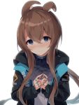  1girl absurdres amiya_(arknights) animal_ear_fluff animal_ears arknights bangs black_jacket blue_eyes blush brown_hair closed_mouth eyebrows_visible_through_hair fingers_together grey_neckwear hair_between_eyes highres hood hood_down hooded_jacket jacket jewelry mizu_(lzzrwi603) nose_blush open_clothes open_jacket rabbit_ears ring shirt sidelocks simple_background smile solo thumb_ring upper_body white_background white_shirt 