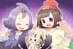  2girls acerola_(pokemon) beanie black_eyes black_hair closed_eyes dress elite_four fang female_protagonist_(pokemon_sm) hair_ornament half_updo hat mimikyu multicolored_dress multiple_girls open_mouth pokemon pokemon_(creature) pokemon_(game) pokemon_sm purple_hair red_hat shirt short_hair short_sleeves stitches tamutamu-t tied_shirt trial_captain 