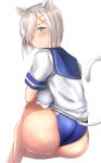  1girl animal_ears ass blue_eyes blush body_blush breasts cat_ears cat_tail closed_mouth commentary_request competition_swimsuit from_behind hair_ornament hair_over_one_eye hairclip hamakaze_(kantai_collection) kantai_collection large_breasts looking_at_viewer looking_back one-piece_swimsuit school_uniform shiny shiny_clothes shiny_hair shiny_skin sideboob silver_hair simple_background sitting solo swimsuit swimsuit_under_clothes tail untsue white_background 