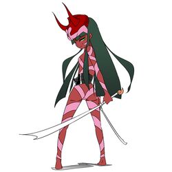  1girl black_hair dual_wielding facial_mark genderswap genderswap_(mtf) green_eyes hei_jin helmet long_hair looking_at_viewer looking_back rakshasa red_skin shin_megami_tensei sword weapon 