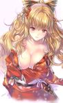  1girl artist_name bangs blonde_hair blush bow bowtie breasts cleavage crossed_arms eyebrows_visible_through_hair granblue_fantasy hair_ornament japanese_clothes kimono kimono_pull large_breasts long_hair looking_at_viewer min-naraken obi open_mouth red_eyes red_kimono sash signature simple_background smile solo vira white_background 