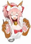  1girl :d ^_^ animal_ears apron ariyoshi_gen bell bell_collar blush bow breasts cleavage closed_eyes collar fate/grand_order fate_(series) fox_ears ladle large_breasts long_hair naked_apron open_mouth paws pink_hair simple_background smile solo tamamo_(fate)_(all) tamamo_cat_(fate) white_background 