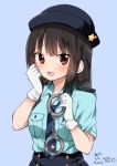  1girl 2017 :3 aqua_shirt artist_name bangs black_hair black_skirt blue_background blue_necktie blush breasts brown_eyes cat chijou_noko chikanoko copyright_name cuffs dated eyebrows_visible_through_hair gloves handcuffs hat holding medium_breasts necktie open_mouth police police_hat police_uniform policewoman ragho_no_erika shirt short_sleeves signature simple_background skirt smile solo uniform white_gloves 