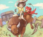  1girl alternate_color bare_arms black_eyes black_hair blue_shorts blue_sky brown_shoes building bull clouds commentary_request day ditto door female_protagonist_(pokemon_sm) fence floral_print gameplay_mechanics grass hand_on_headwear hat hay haystack hooves horns looking_down magby multiple_tails open_mouth outdoors pokemon pokemon_(creature) pokemon_(game) pokemon_sm polyacryla ranch riding rock shiny_pokemon shirt shoes short_hair short_sleeves shorts sky socks tail tauros tongue white_hat window wooden_door wooden_fence yellow_shirt 