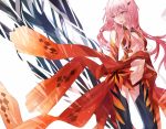  1girl bare_shoulders black_legwear breasts center_opening cleavage detached_sleeves elbow_gloves fingerless_gloves gloves guilty_crown hair_ornament hairclip kanekiru long_hair navel open_mouth pink_hair red_eyes twintails yuzuriha_inori 