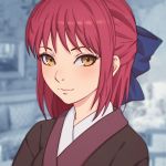  1girl bangs blurry blush bow brown_kimono commentary couch depth_of_field hair_bow indoors japanese_clothes kimono kohaku living_room looking_at_viewer miura-n315 painting_(object) portrait redhead short_hair sidelocks solo tsukihime twitter_username yellow_eyes 