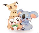  ? bird blush closed_eyes costume highres koala komala kona_(cona_25) leaf mimikyu musical_note owl pikachu_costume pokemon pokemon_(creature) pokemon_(game) pokemon_sm rowlet simple_background sleeping white_background zzz 