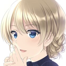  1girl bangs blonde_hair blue_eyes blue_sweater blush braid close-up darjeeling eyebrows_visible_through_hair face fumika_asano girls_und_panzer hands_together lips portrait ribbed_sweater short_hair solo sweater swept_bangs tied_hair turtleneck turtleneck_sweater twin_braids white_background 