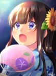  1girl :d bangs blue_eyes blue_kimono blush brown_hair close-up eyebrows_visible_through_hair fan floral_print flower hair_between_eyes hair_flower hair_ornament highres holding holding_fan japanese_clothes jiiwara kimono long_hair looking_up night night_sky open_mouth original paper_fan sky smile solo star_(sky) starry_sky sunflower_hair_ornament twitter_username uchiwa upper_body 