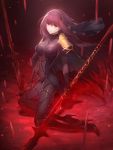  1girl bodysuit breasts covered_navel fate/grand_order fate_(series) gae_bolg highres large_breasts long_hair looking_at_viewer pauldrons polearm purple_bodysuit purple_hair red_eyes ripples scathach_(fate/grand_order) solo spear tebd_menkin veil weapon 