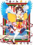  1girl bangs bell bird blue_wings blush brown_hair cherry_blossoms chick chicken closed_mouth detached_sleeves eggplant feathered_wings full_body hair_bell hair_between_eyes hair_ornament japanese_clothes jingle_bell kimono kimono_skirt looking_at_viewer maruhana obi original outstretched_arms ribbon-trimmed_sleeves ribbon_trim rooster sandals sash short_twintails smile solo standing standing_on_one_leg tabi thigh-highs twintails white_legwear white_wings wings year_of_the_rooster yellow_kimono 